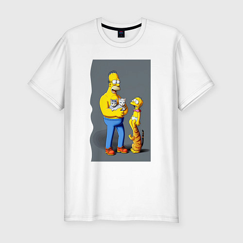 Мужская slim-футболка Homer Simpson and cats - нейросеть арт / Белый – фото 1