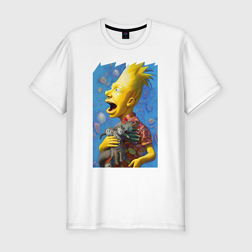 Мужская slim-футболка Bart Simpson and cats - нейросеть / Белый – фото 1