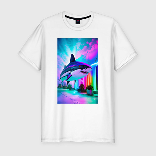 Мужская slim-футболка Неоновая акула - нейросеть / Белый – фото 1