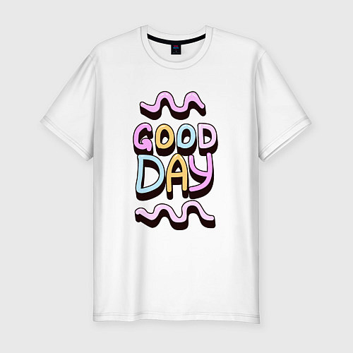 Мужская slim-футболка Good day надпись с кривыми линиями / Белый – фото 1