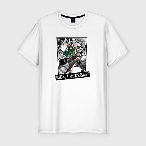 Мужская slim-футболка Микаса на фоне манги / Белый – фото 1