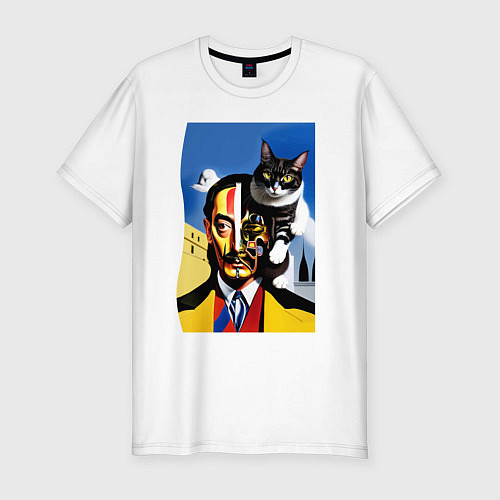 Мужская slim-футболка Salvador Dali and his cat / Белый – фото 1