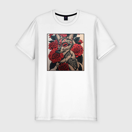 Мужская slim-футболка Irezumi - лиса в розах / Белый – фото 1