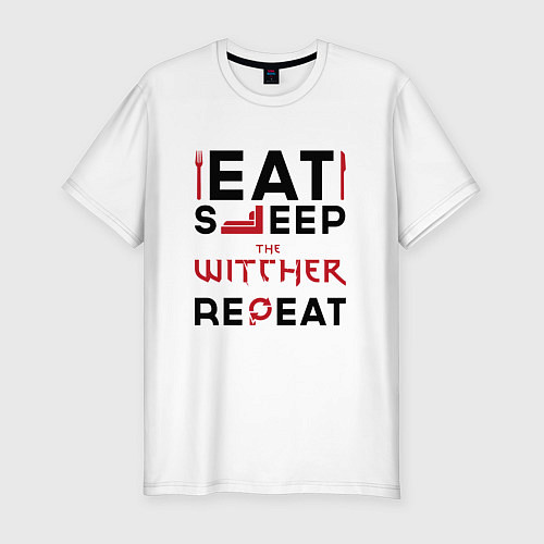 Мужская slim-футболка Надпись: eat sleep The Witcher repeat / Белый – фото 1