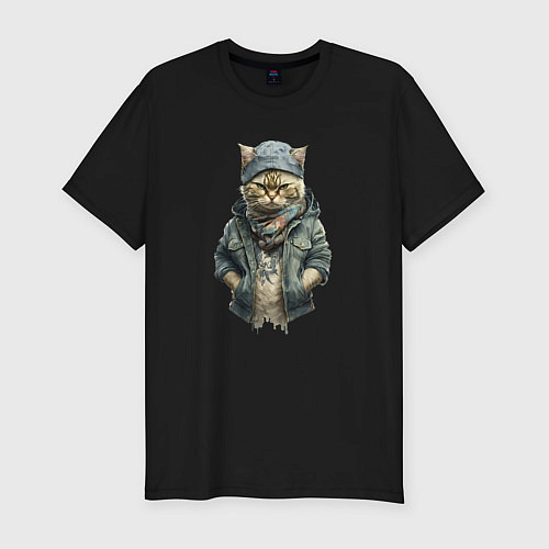 Мужская slim-футболка Крутой уличный кот / Черный – фото 1
