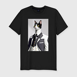 Футболка slim-fit Чёрно-белый кот в модном костюме, цвет: черный