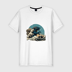 Мужская slim-футболка Годзилла в Большой волне у Канагавы
