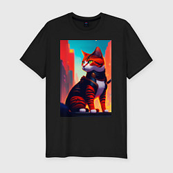 Мужская slim-футболка Кот самурай на фоне города