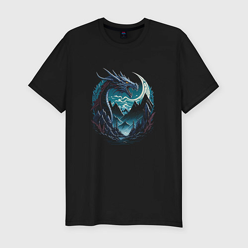 Мужская slim-футболка Дракон в горах / Черный – фото 1