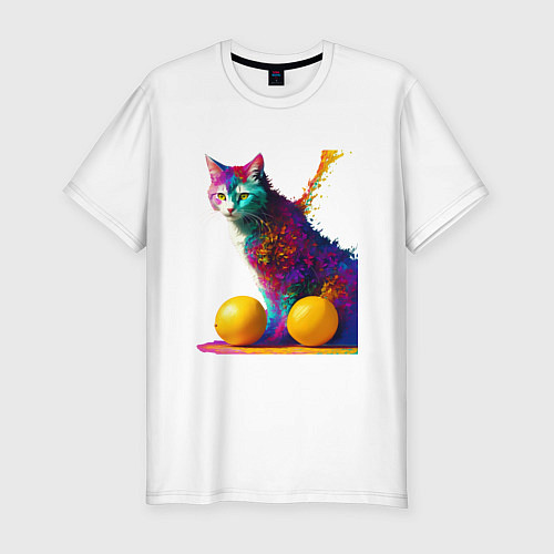 Мужская slim-футболка Яркий котик / Белый – фото 1