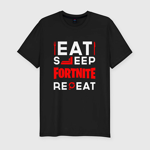Мужская slim-футболка Надпись eat sleep Fortnite repeat / Черный – фото 1