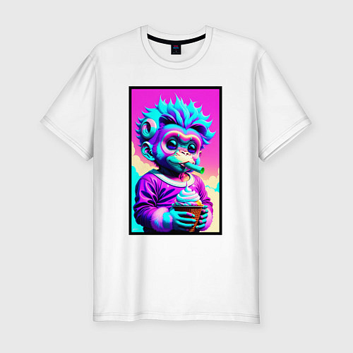 Мужская slim-футболка Маленькая обезьянка ест мороженное в стиле Dreamwa / Белый – фото 1