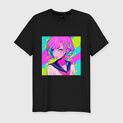 Мужская slim-футболка Милая аниме девушка в неоновых красках