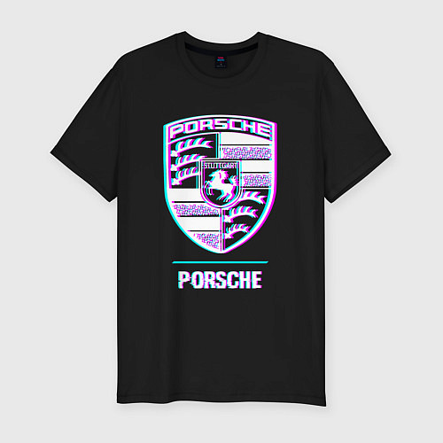 Мужская slim-футболка Значок Porsche в стиле glitch / Черный – фото 1