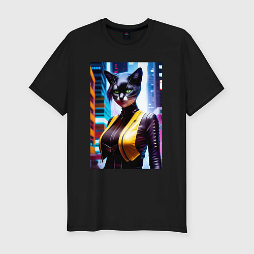 Мужская slim-футболка Модная кошечка в Нью-Йорке / Черный – фото 1