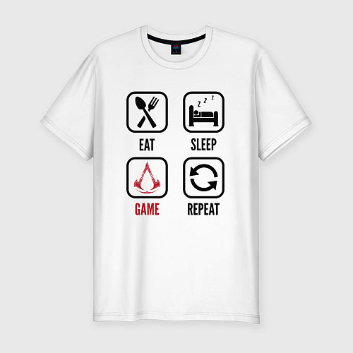 Мужская slim-футболка Eat - sleep - Assassins Creed - repeat / Белый – фото 1
