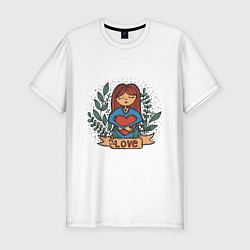 Футболка slim-fit Девочка с большим любящим сердцем, цвет: белый