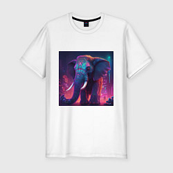 Мужская slim-футболка Слон в неоновом городе