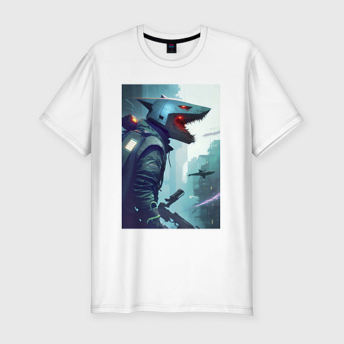Мужская slim-футболка Cyber shark / Белый – фото 1