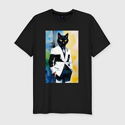 Футболка slim-fit Модный чёрный кот-джентльмен - мем, цвет: черный