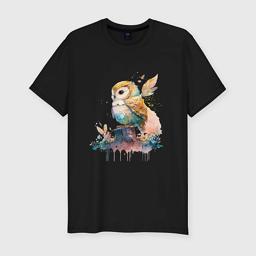 Мужская slim-футболка Акварельная милая сова / Черный – фото 1