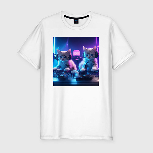 Мужская slim-футболка Коты в неоновом свете / Белый – фото 1