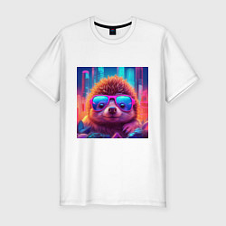 Мужская slim-футболка Ежик в очках на фоне неонового города