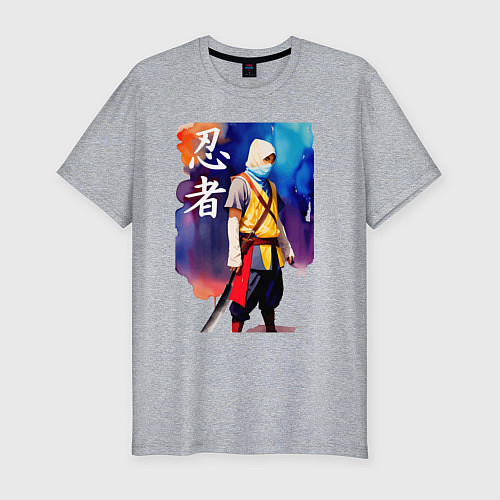 Мужская slim-футболка Ниндзя - иероглифы - живопись / Меланж – фото 1