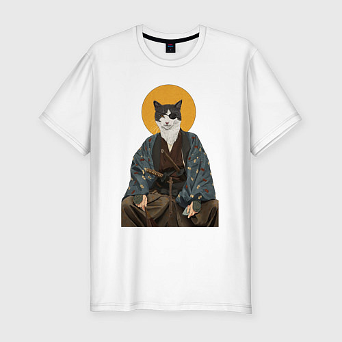 Мужская slim-футболка Samurai one - eyed cat / Белый – фото 1