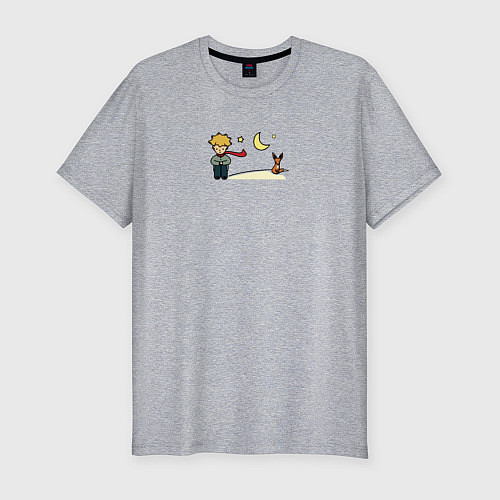 Мужская slim-футболка Маленький принц и Лисенок на луне / Меланж – фото 1