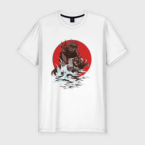 Мужская slim-футболка Годзилла и волны / Белый – фото 1