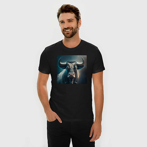 Мужская slim-футболка Бык в стиле футуризм - нейросеть / Черный – фото 3