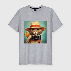 Футболка slim-fit Кот в соломенной шляпе с фотоаппаратом, цвет: меланж