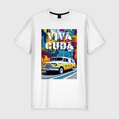 Мужская slim-футболка Viva Cuba - car - retro / Белый – фото 1