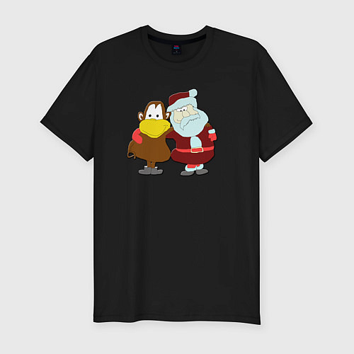 Мужская slim-футболка Monkey Chi and Santa Claus / Черный – фото 1