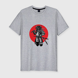 Мужская slim-футболка Японский самурай на фоне красного солнца