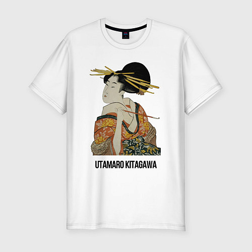 Мужская slim-футболка Утамаро Китагава - картина Гейша с трубкой / Белый – фото 1