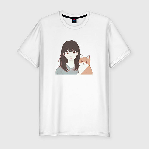 Мужская slim-футболка Девушка с котом / Белый – фото 1