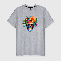 Мужская slim-футболка Череп с цветами в мексиканском стиле