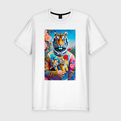 Футболка slim-fit Тигрица - космонавт с тигрятами - нейросеть, цвет: белый