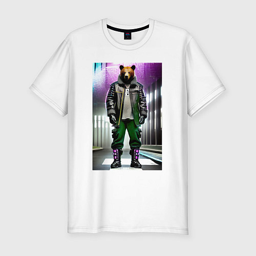 Мужская slim-футболка Крутой медвежара - нейросеть / Белый – фото 1