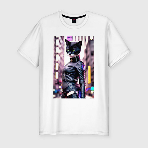 Мужская slim-футболка Cool black cat - neural network - fashionista / Белый – фото 1