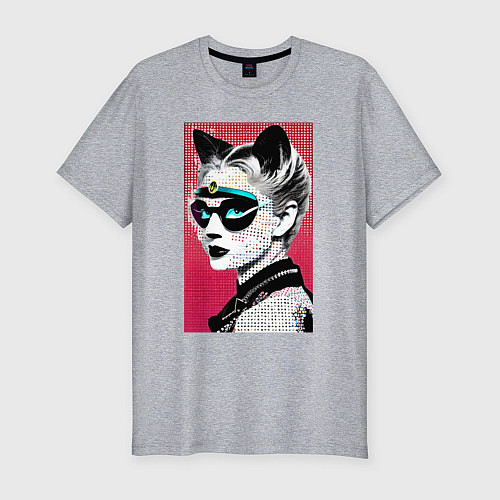 Мужская slim-футболка Cat girl in a mask - neural network - pop art / Меланж – фото 1