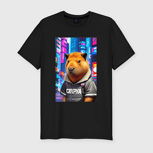 Мужская slim-футболка Cool capybara - urban style - neural network / Черный – фото 1