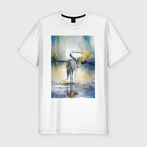 Мужская slim-футболка Цапля на озере - акварель - нейросеть / Белый – фото 1