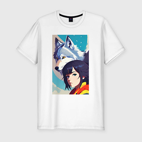 Мужская slim-футболка Girl and wolf - anime - neural network -art / Белый – фото 1