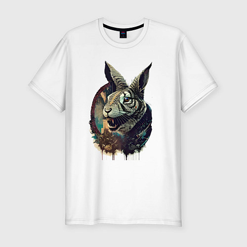 Мужская slim-футболка Свирепый зайчара - нейросеть / Белый – фото 1