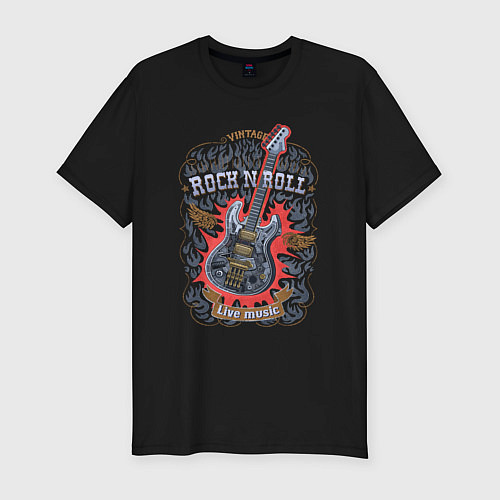 Мужская slim-футболка Рок-н-ролл с гитарой стимпанк в огне / Черный – фото 1