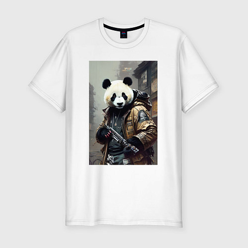 Мужская slim-футболка Cool panda - cyberpunk - warrior / Белый – фото 1