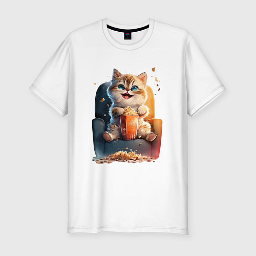 Мужская slim-футболка Веселый котик с попкорном / Белый – фото 1